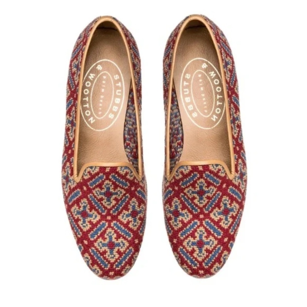 Stubbs & Wootton Cuenca Slipper Needlepoint Smoking Loafer Red/Gold Sz 8.5